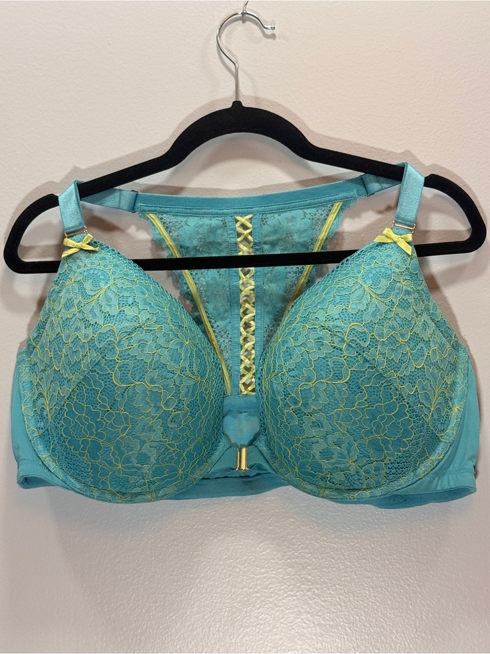Cacique Teal Lace Racerback Bra with Yellow Accents